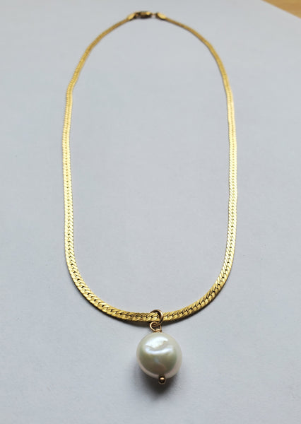 Herringbone Golden Pearl Drop Necklace