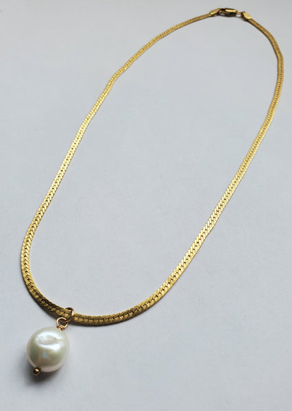 Herringbone Golden Pearl Drop Necklace