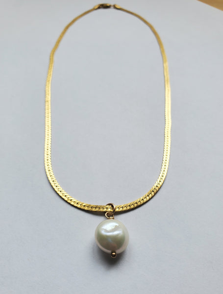 Herringbone Golden Pearl Drop Necklace