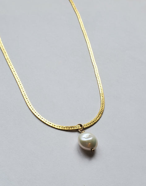 Herringbone Golden Pearl Drop Necklace