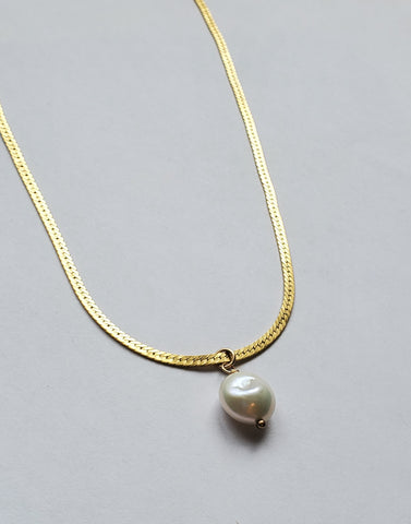Herringbone Golden Pearl Drop Necklace